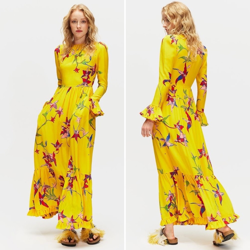La DoubleJ Summer Visconti Silk Maxi Dress Yellow Floral Print Size XS NWOT